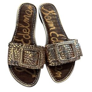 Sam Edelman Woven Slide Sandals Size 7 Metallic Gold Boho Style Resort Wear
